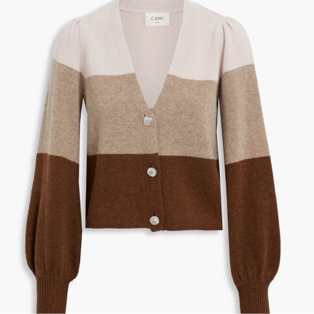 Cami NYC Maya Cardigan Merino Wool in Cream Taupe and Brown - Picture 9 of 10